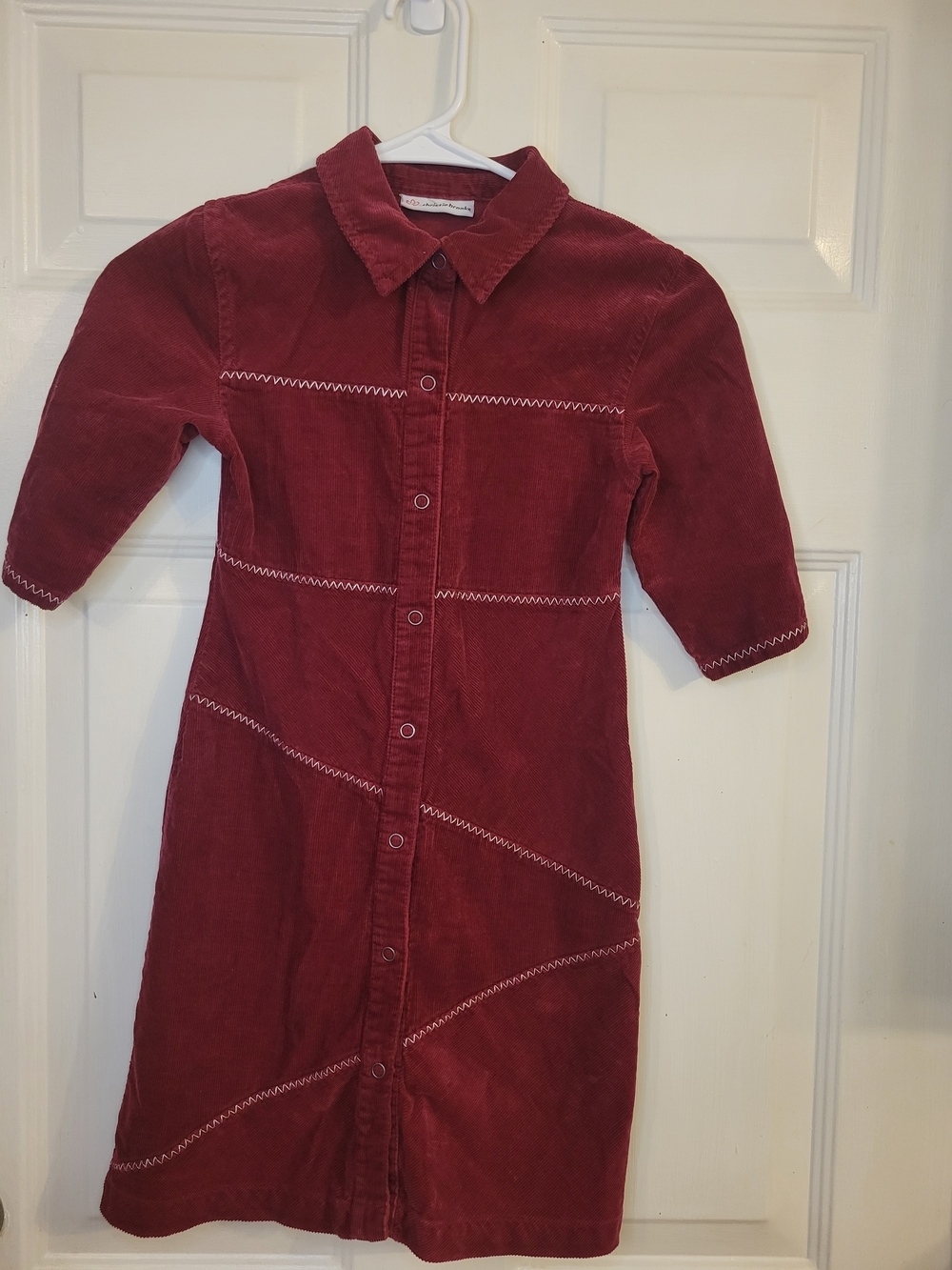 Vintage Christie Brooks Red Corduroy Button-Front Dress with Zigzag Stitching.
